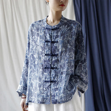 Ramie Linen Floral Stand Collar Meditation Jacket Shirt
