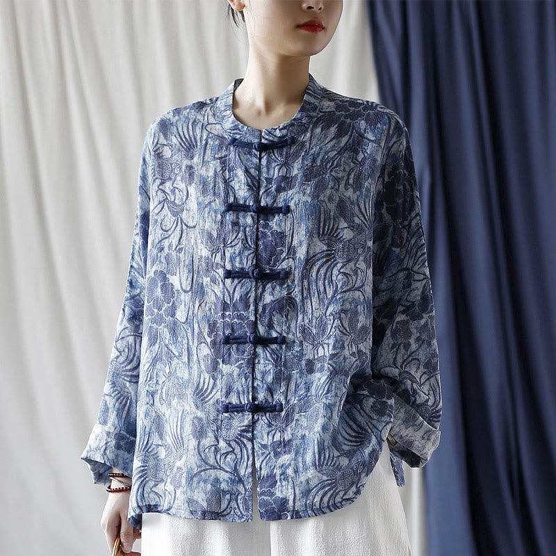 Ramie Linen Floral Stand Collar Meditation Jacket Shirt