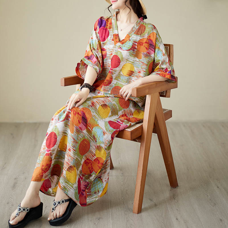 Orange Blue Colorful Polka Dots Midi Dress Cotton Half Sleeve Dress With Pockets