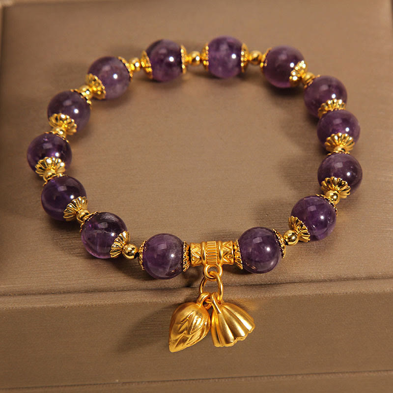 Natural Amethyst Gemstone Lotus Charm Mindfulness Bracelet