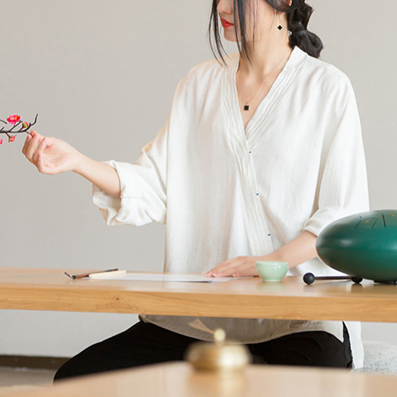 V-Neck Blouse Women Shirt Long Sleeve Top Chinese Hanfu Style Clothing