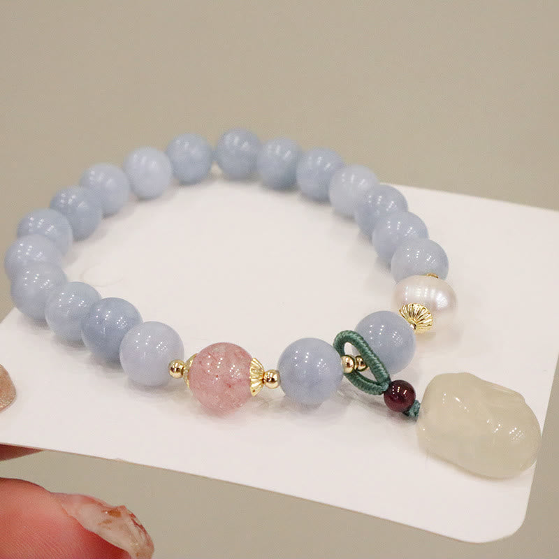 Natural Aquamarine & Chalcedony Beaded Charm Bracelet with Pearl & Symbolic Accents