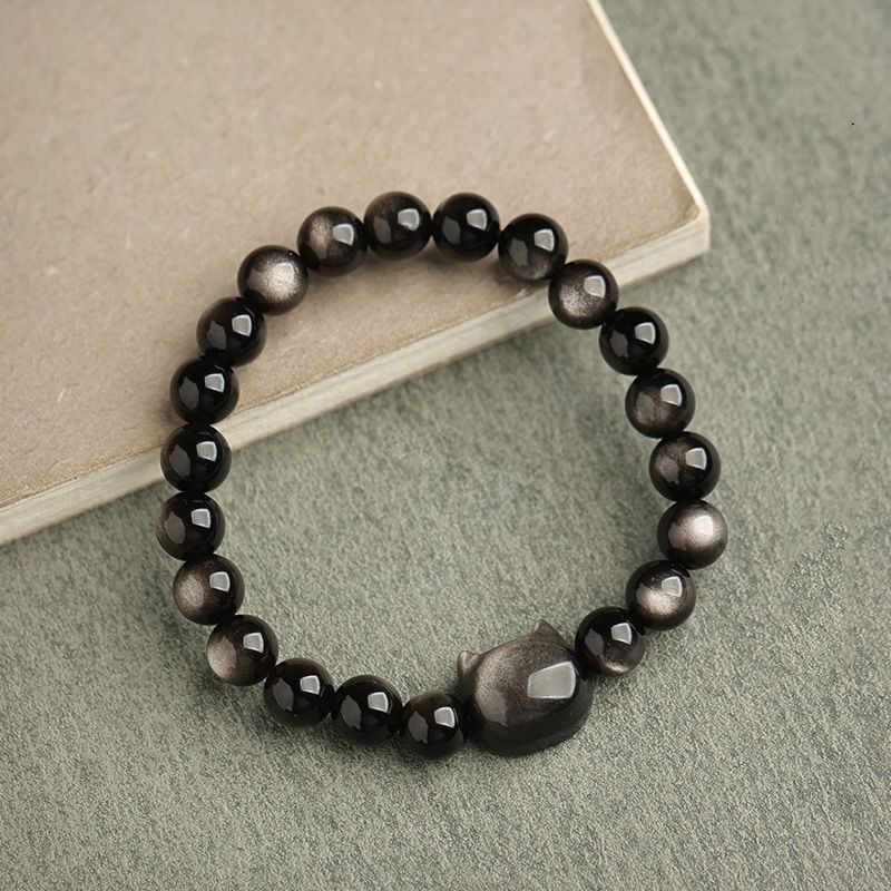 Handmade Gold & Silver Sheen Obsidian Feline Motif Beaded Bracelet