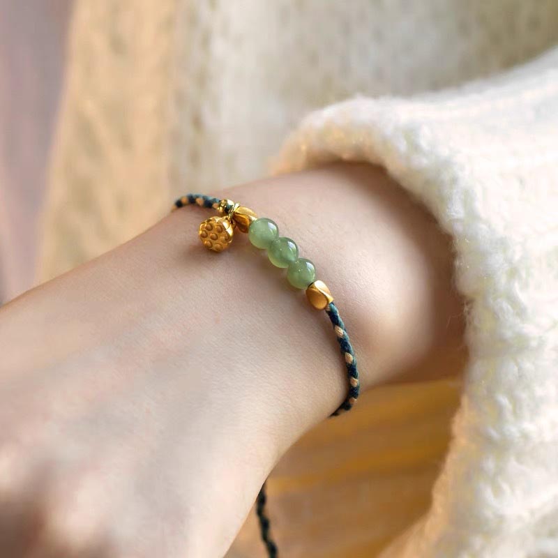 Handcrafted Hetian Jade Lotus Charm Luck Braided Bracelet