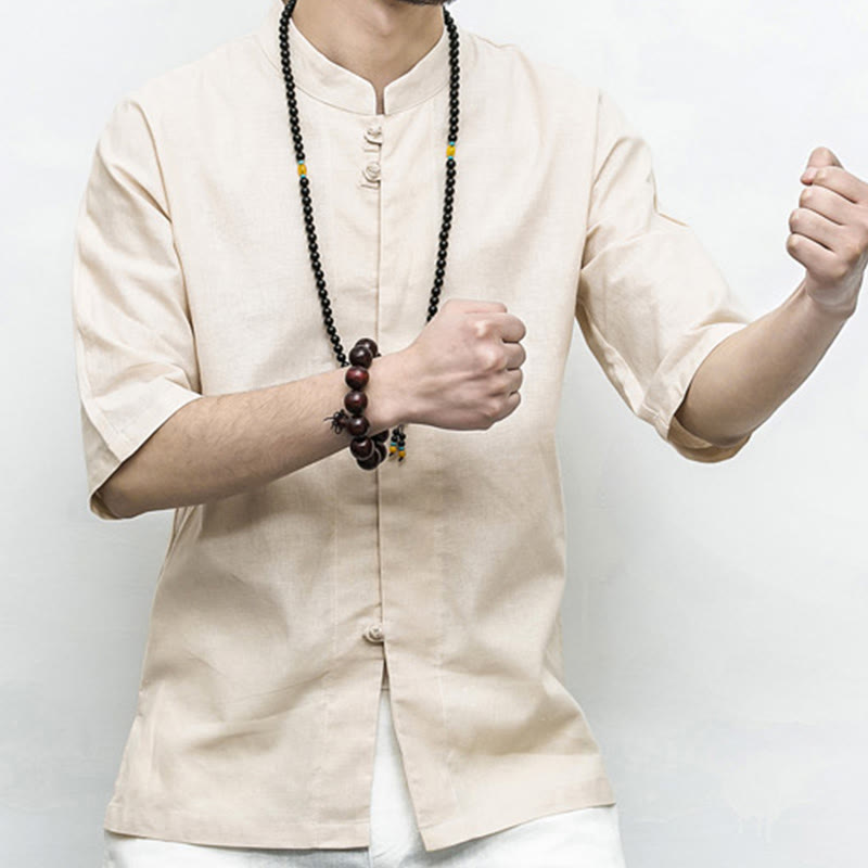 Chinese Frog-Button Tang Suit Zen Half Sleeve Shirt Linen Men Clothing