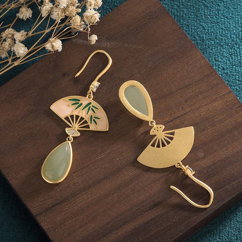 Natural Green Aventurine Fan Pattern Luck Drop Earrings
