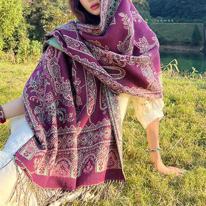 Vintage Tibetan Leaves Pattern Design Shawl Cozy Travel Scarf Wrap
