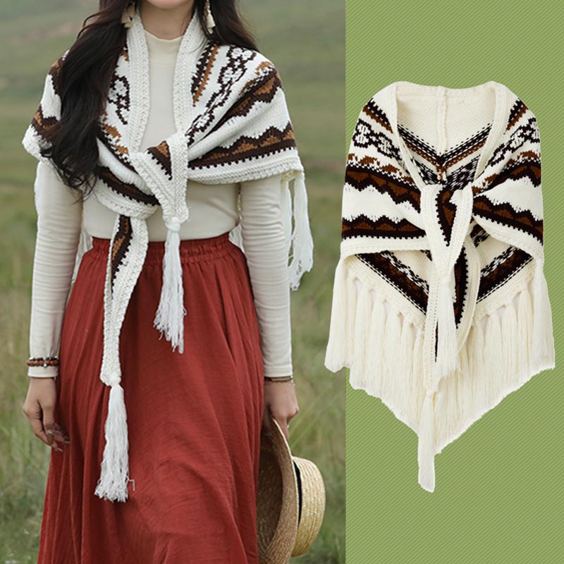 Tibetan Triangular Shawl Striped Tassels Winter Cozy Travel Scarf Wrap