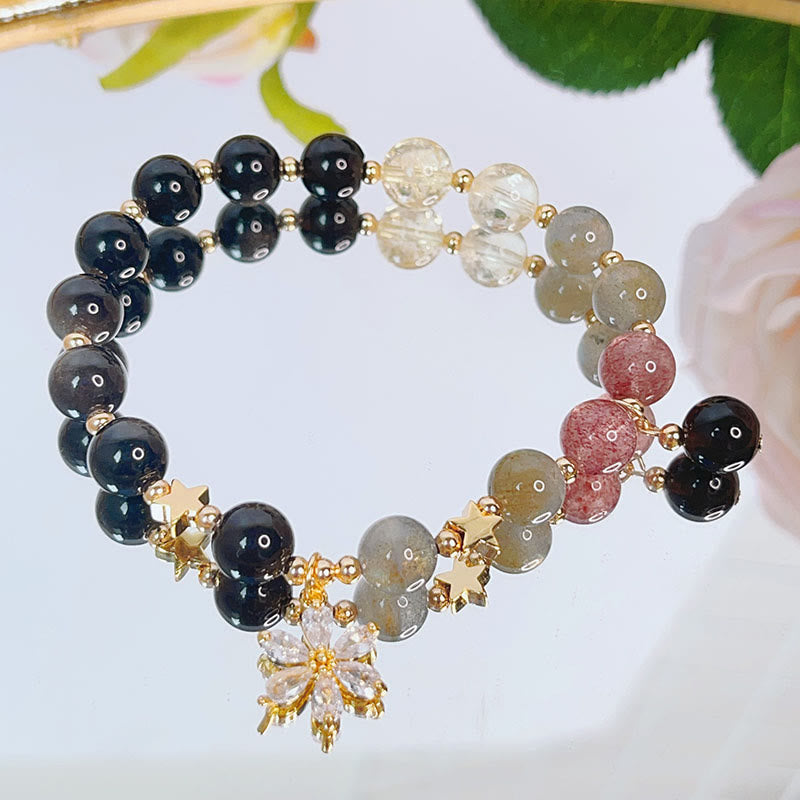 Natural Silver Sheen Obsidian Love Heart Star Flower Protection Bracelet
