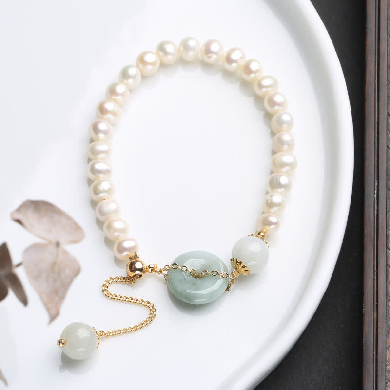 Natural Jade Pearl Gold Copper Peace Buckle Bracelet
