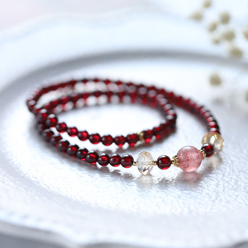 14K Gold Plated Natural Garnet Strawberry Quartz Stability Double Wrap Bracelet