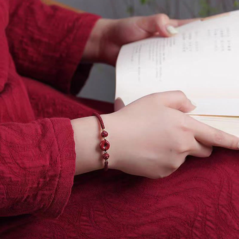 Handmade Cinnabar Peace Buckle Lotus Calm Blessing Braided Rope Bracelet
