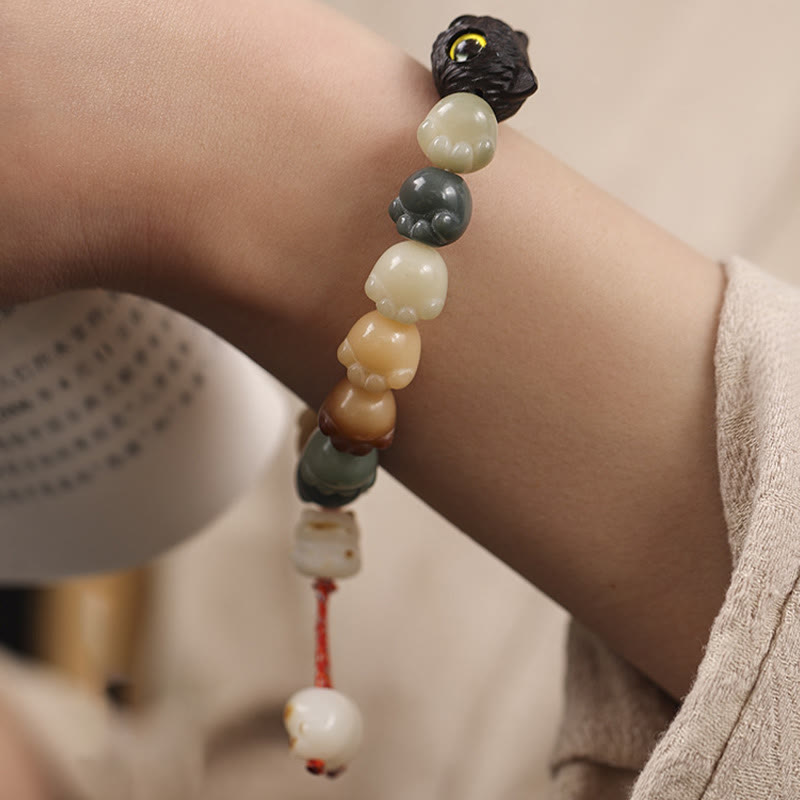 Natural Bodhi Seed Lovely Paw Ebony Wood Lucky Cat Wisdom Bracelet