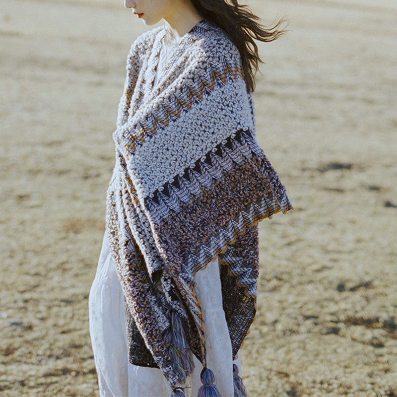 Tibetan Shawl Gray Brown Striped Knitted Tassels Winter Cozy Travel Scarf Wrap