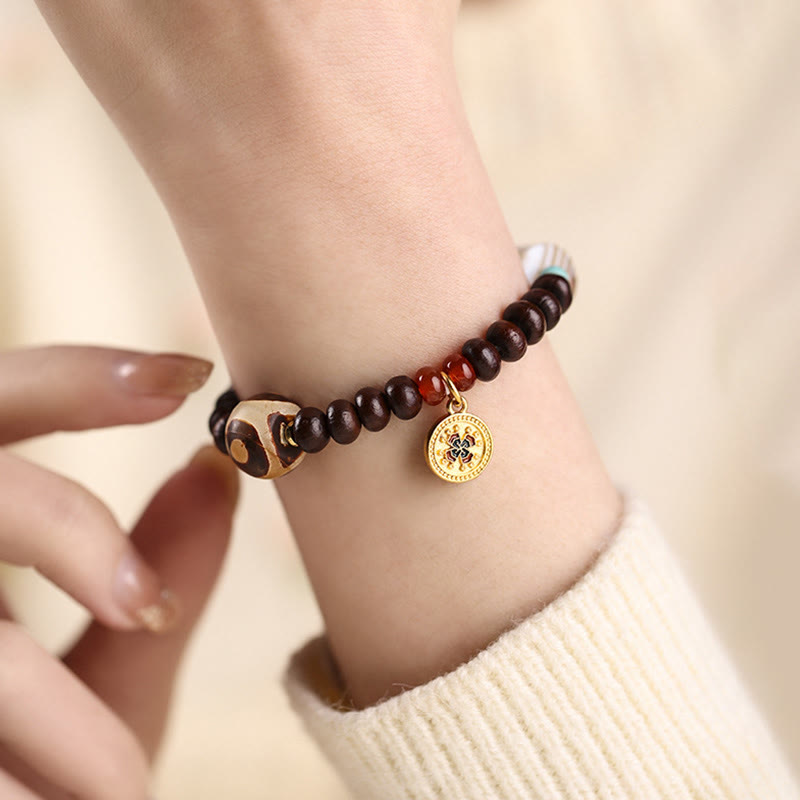 Natural Tibet Purple Bodhi Seed Dzi Bead God of Wealth Wisdom Bracelet