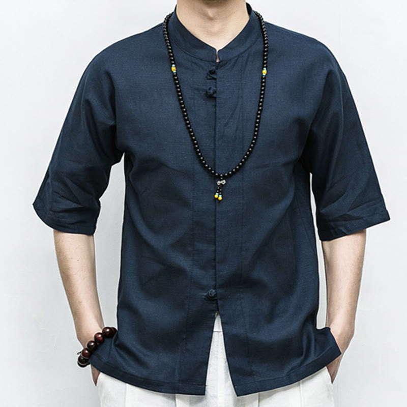 Chinese Frog-Button Tang Suit Zen Half Sleeve Shirt Linen Men Clothing
