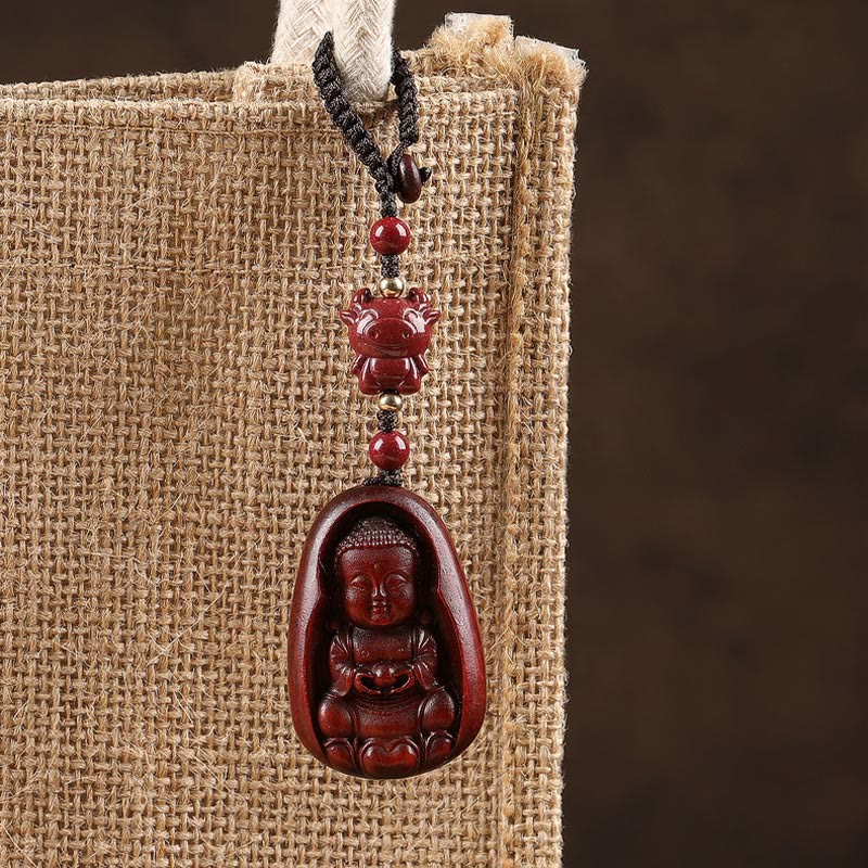 Small Leaf Red Sandalwood & Cinnabar Buddha Chinese Zodiac Carved Keychain