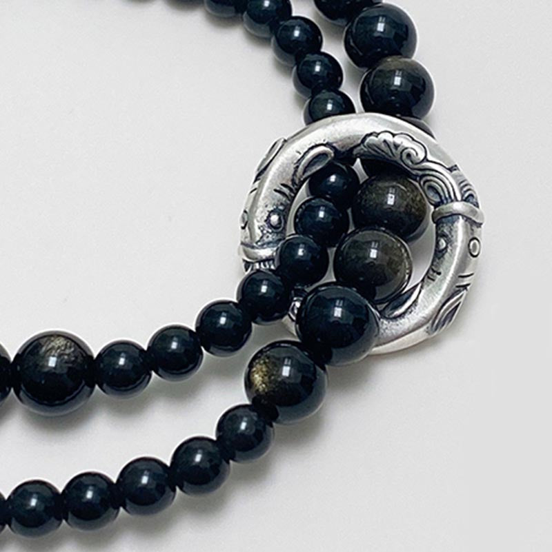 999 Sterling Silver Black Obsidian Fulfillment Strength Double Layer Bracelet