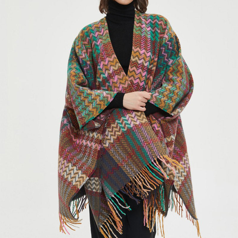 Tibetan Shawl Colorful Wavy Line Tassels Winter Cozy Travel Scarf Wrap