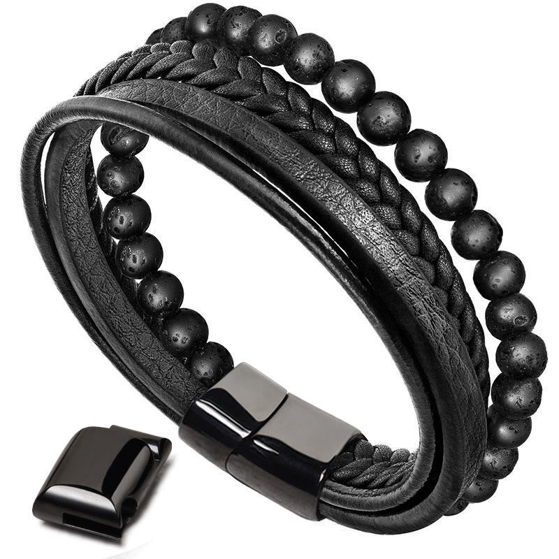 Natural Lava Rock Black Onyx Bead Leather Bracelet