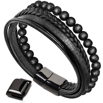 Natural Lava Rock Black Onyx Bead Leather Bracelet