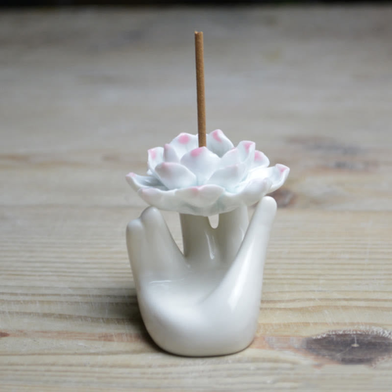 Small Ceramic Mudra Hand & Lotus Incense Burner for Mindful Practice