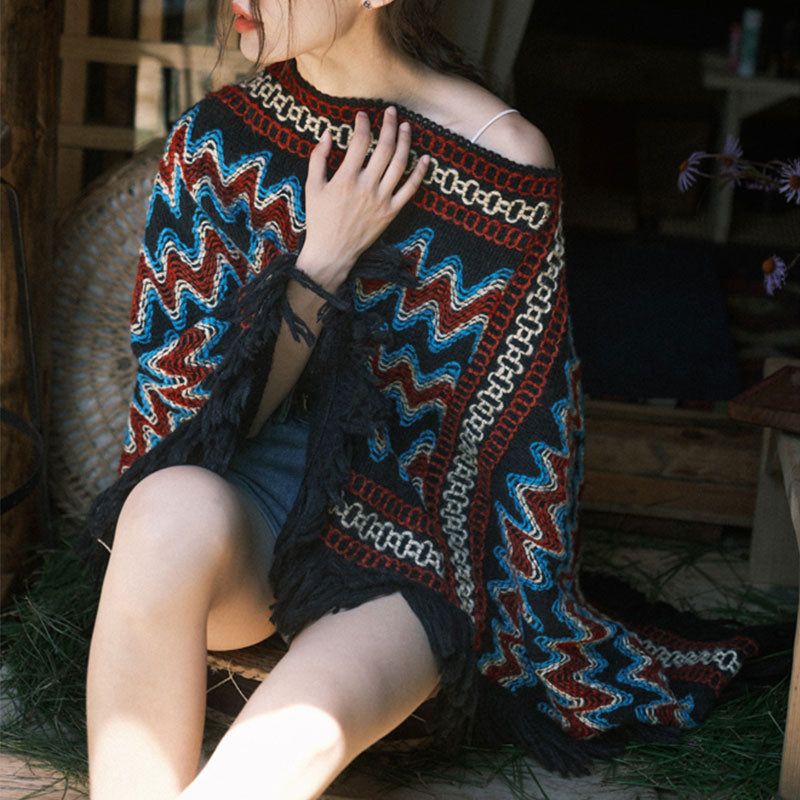 Tibetan Shawl Striped Knitted Tassels Pullover Winter Cozy Travel Scarf Wrap