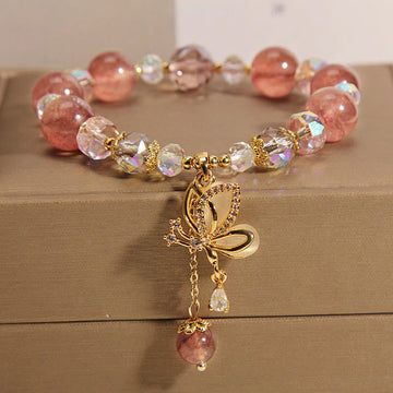 Natural Strawberry Quartz Healing Positive Butterfly Charm Bracelet