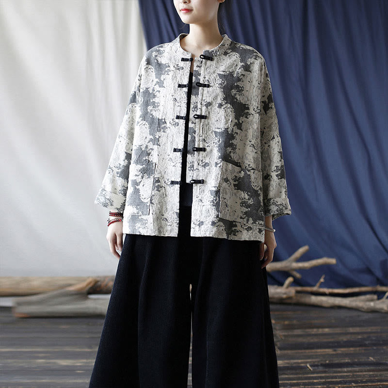 Black Gray Print Frog-button Design Long Sleeve Cotton Linen Jacket Shirt With Pockets