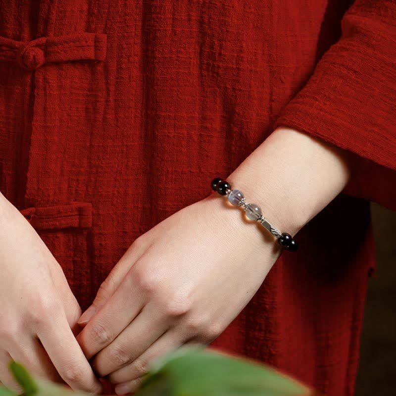 925 Sterling Silver Black Obsidian and Moonstone Beaded Couple Bracelet Set
