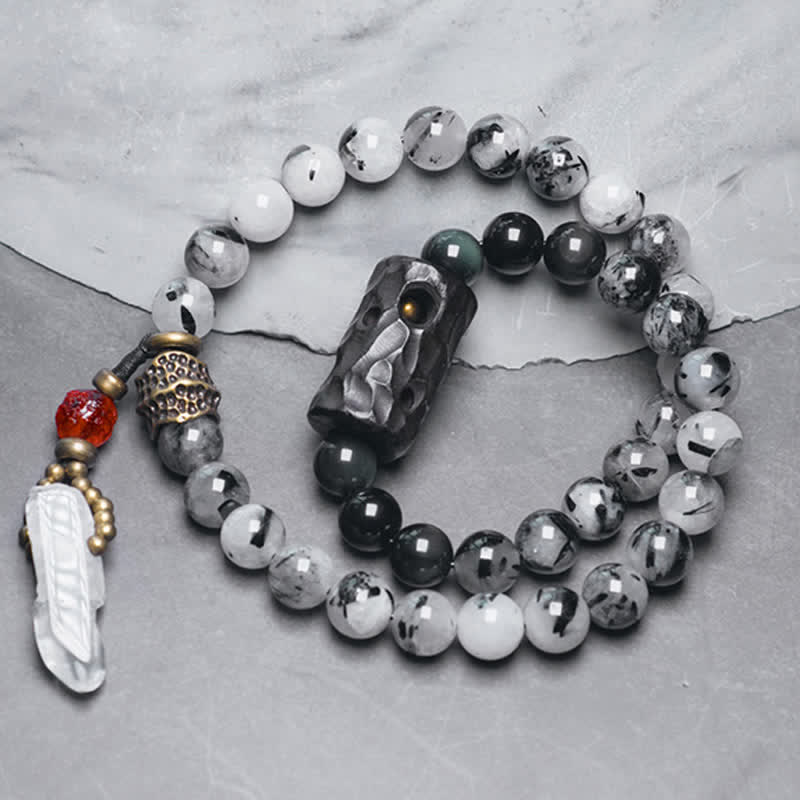 Black Rutilated Quartz, Ebony Wood, Obsidian & Clear Quartz Copper Couple Bracelet