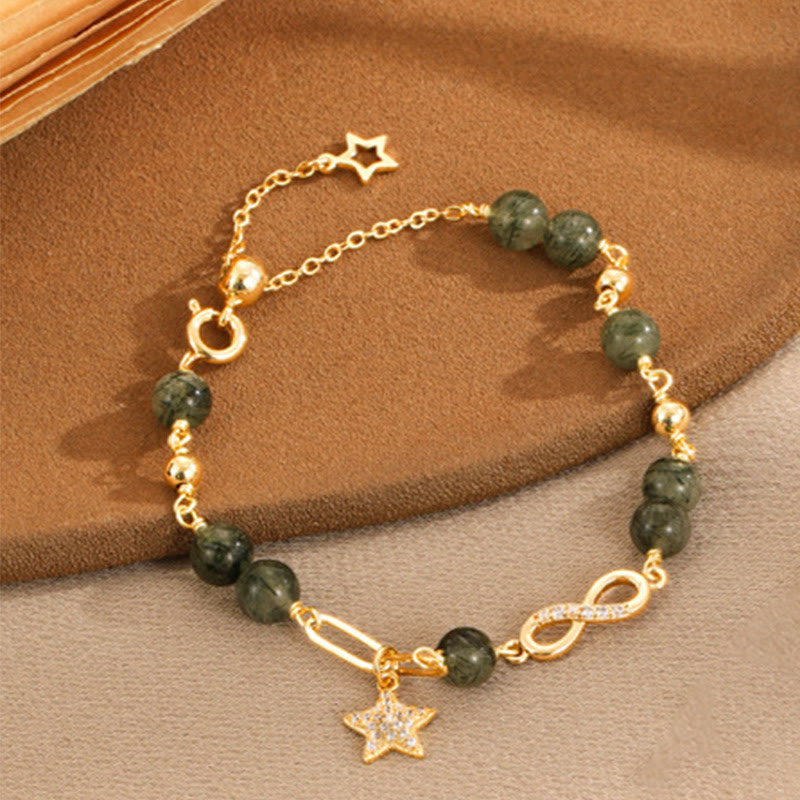 14k Gold Plated Copper Green Rutilated Quartz Möbius Loop Eternal Love Star Protection Bracelet