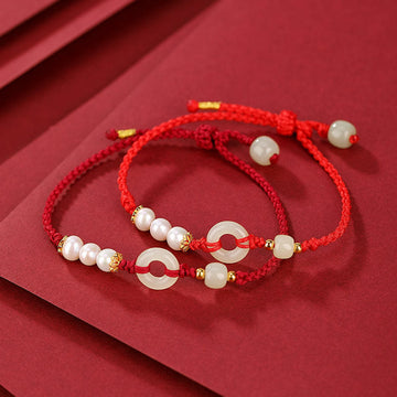Hetian Jade Ping An Kou Pearl 925 Sterling Silver Gold Plated Red String Bracelet