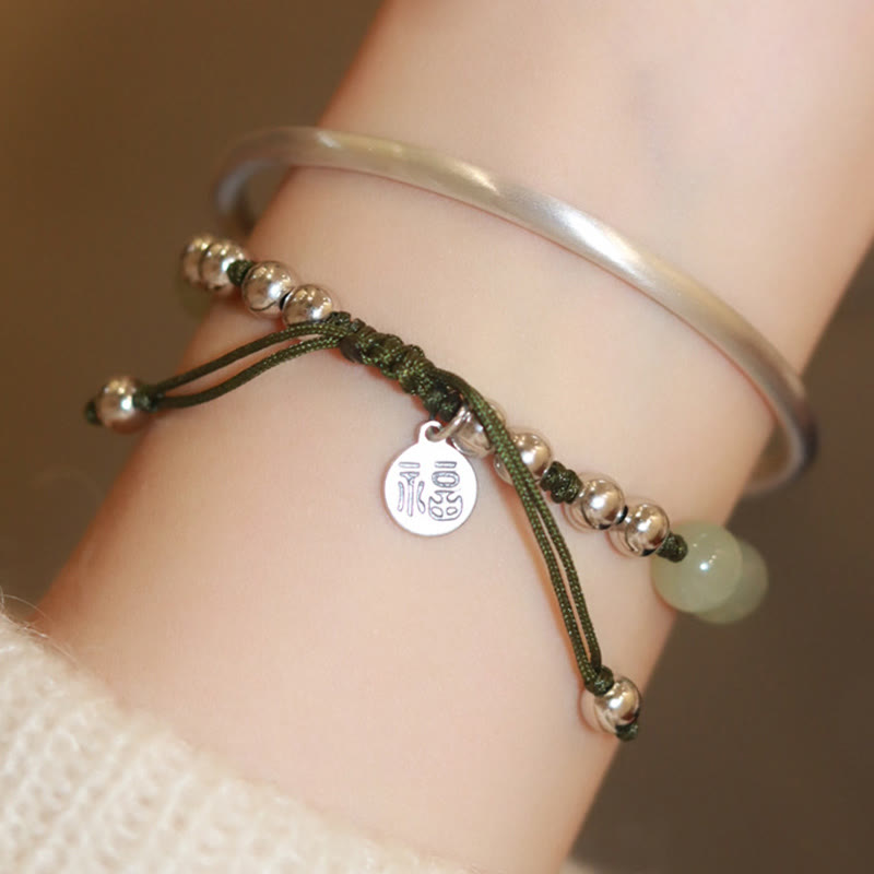 925 Sterling Silver Natural Hetian Jade Bamboo and Fu Character Resilience Bracelet