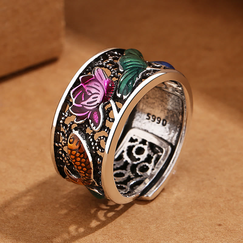 Copper Blue Enamel Lotus Heart Sutra Koi Fish Luck Ring
