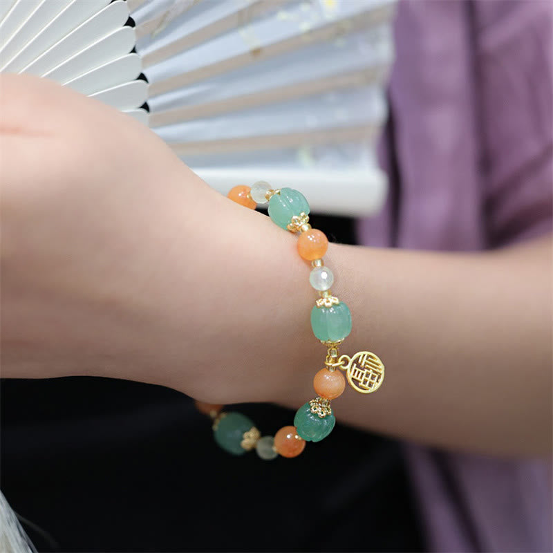 Natural Golden Silk Jade and Prehnite Carved Pumpkin Bead Fu Charm Bracelet
