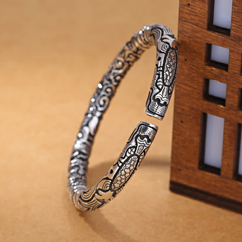 Hand-Carved Sterling Silver and Copper Dragon Head Bangle Bracelet
