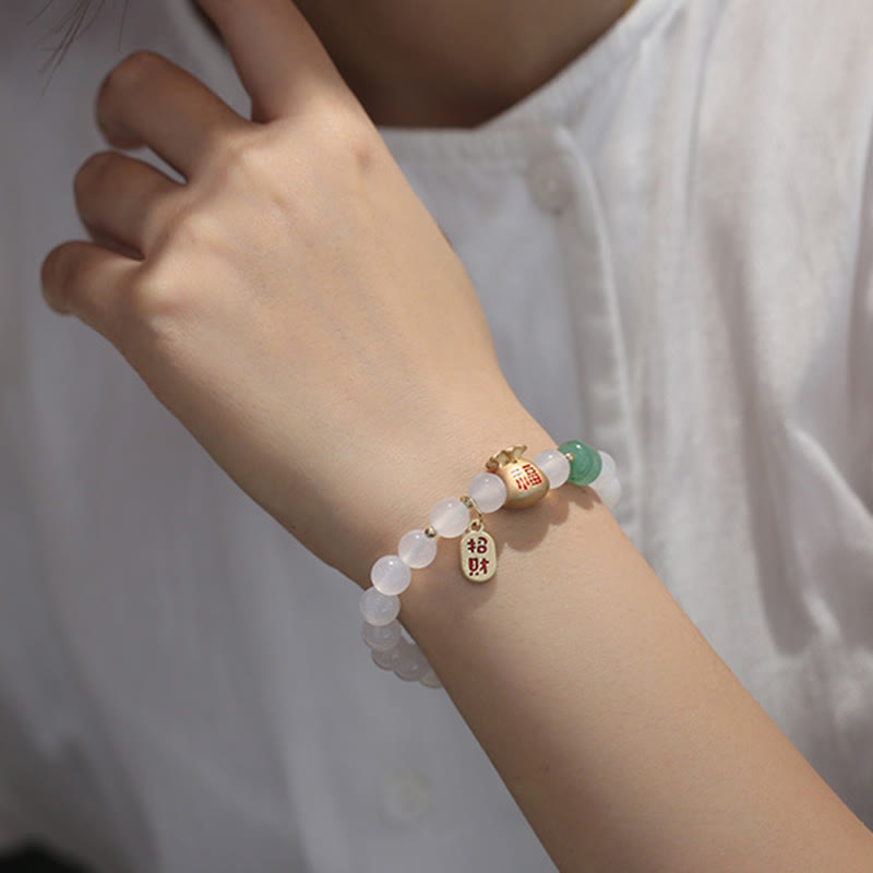 Natural White Agate Red Agate Money Bag Fu Character Four Leaf Clover Protection Bracelet