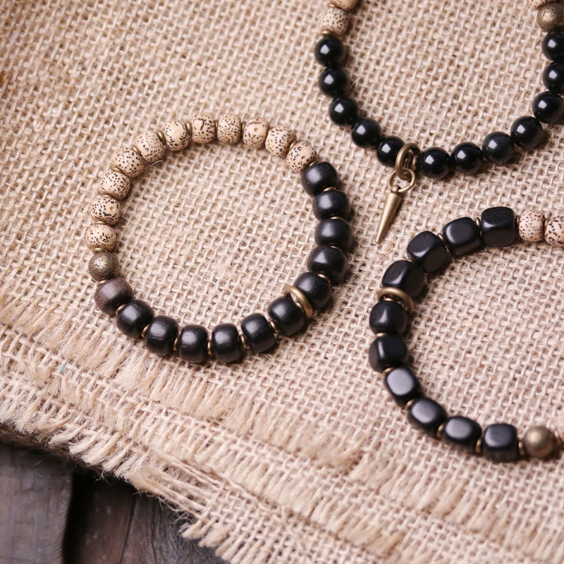 Tibetan Bodhi Seed Black Obsidian Ebony Wood Copper Peace Bracelet
