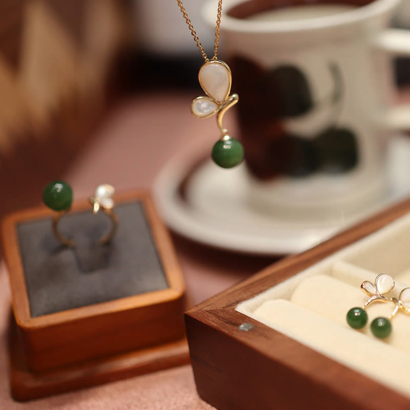 Natural Butterfly Tridacna Stone Cyan Jade Copper Plated Gold Calm Necklace Pendant Ring Earrings Set