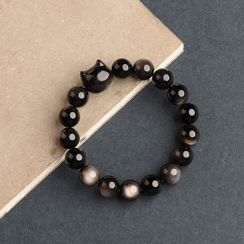 Handmade Gold & Silver Sheen Obsidian Feline Motif Beaded Bracelet