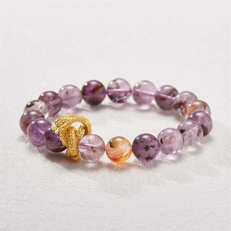 Purple Phantom & Red Hematoid Quartz Gold-Plated Copper Dragon Beaded Bracelet