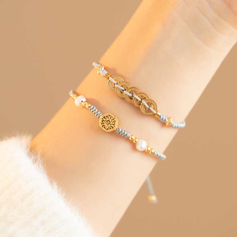 Hand-Braided Copper Tree of Life & Chinese Coin Red String Bracelet