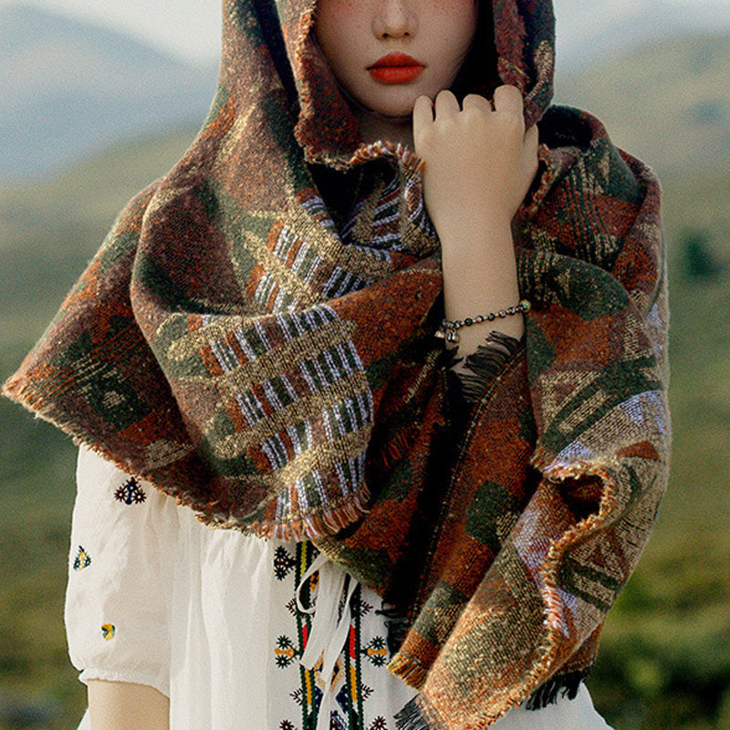 Tibetan Shawl Classic Geometry Pattern Winter Cozy Travel Scarf Wrap