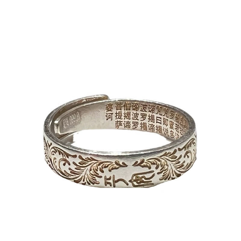 999 Sterling Silver Gold-Painted Joyful Flower Pattern Peaceful Heart Sutra Ring