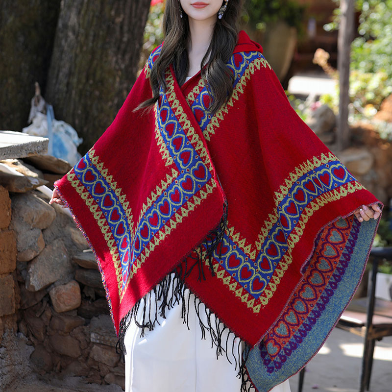 Tibetan Shawl Red Love Heart Tassel Hooded Cloak Winter Cozy Travel Scarf Wrap