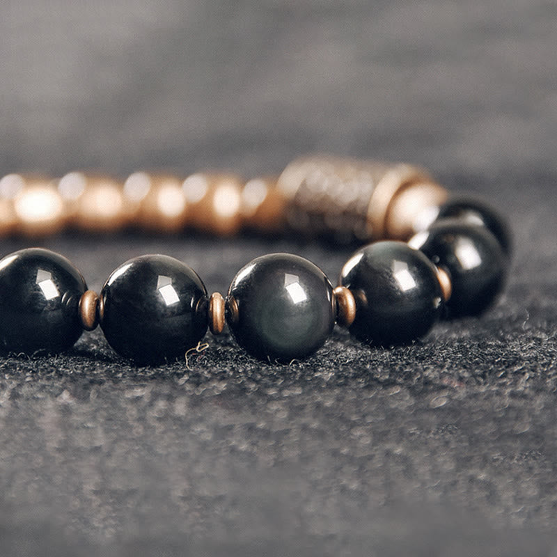 Lava Rock Stone Rainbow Obsidian Copper Support Healing Bracelet