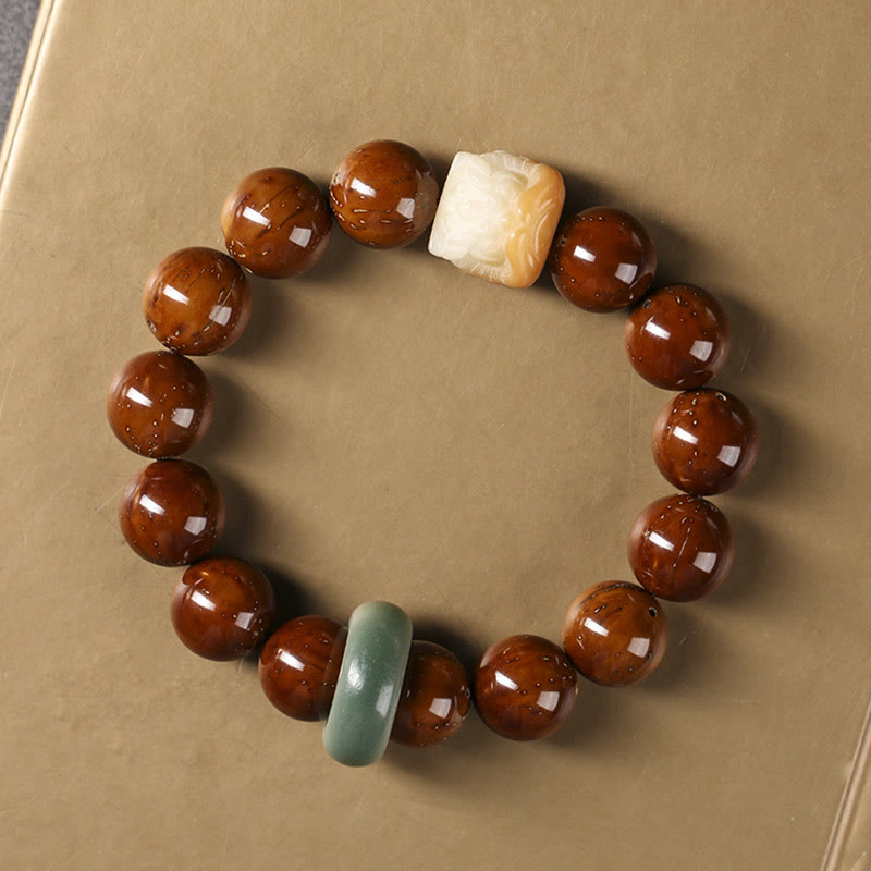 Handcrafted Purple Bodhi Seed Guardian Lion Lotus Beaded Bracelet
