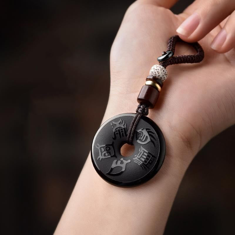 Black Obsidian Taoism Five Sacred Mountains Carved Strength Peace Buckle Necklace Pendant Key Chain Phone Hanging Decoration