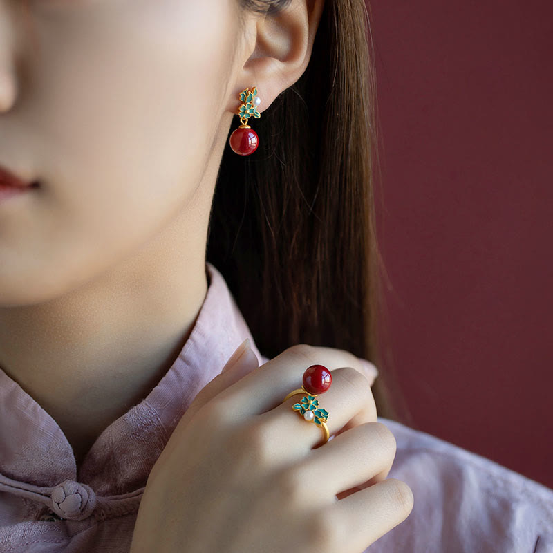 925 Sterling Silver Plated Gold Cinnabar Pearl Flower Blessing Necklace Pendant Earrings Ring Set